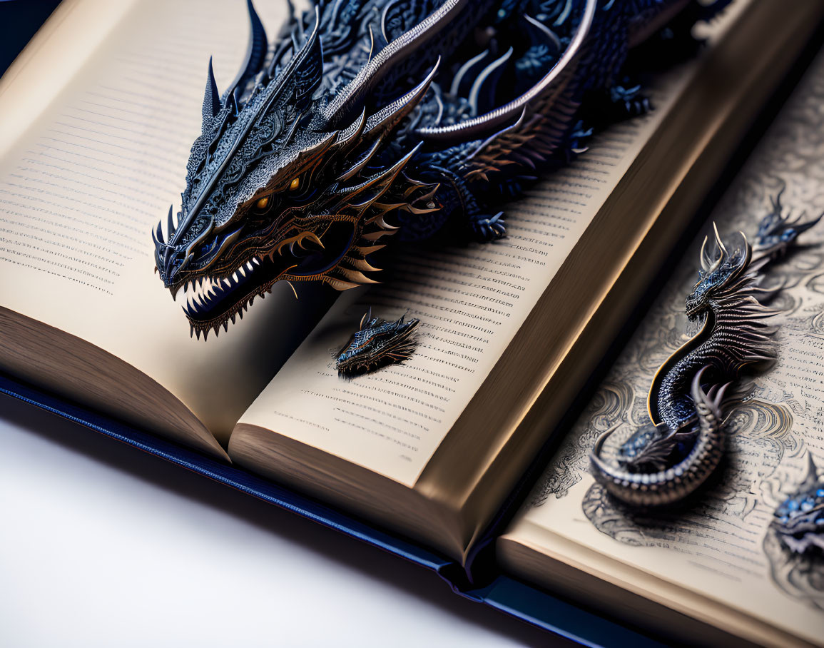 Blue and Gold Dragon Sculpture on Open Book with Intricate Text