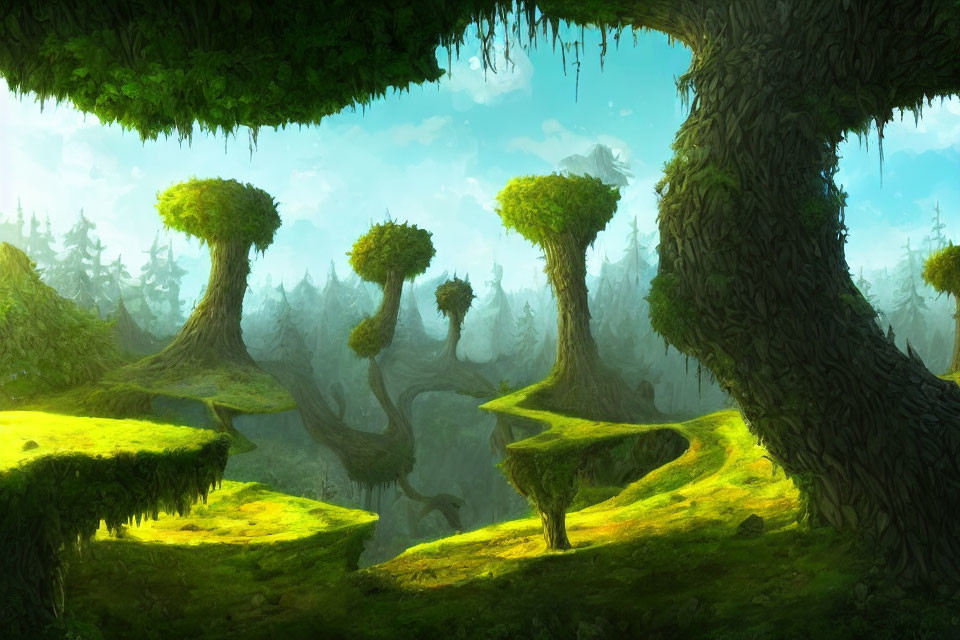 Enchanting Fantasy Forest with Winding Trees and Floating Islands