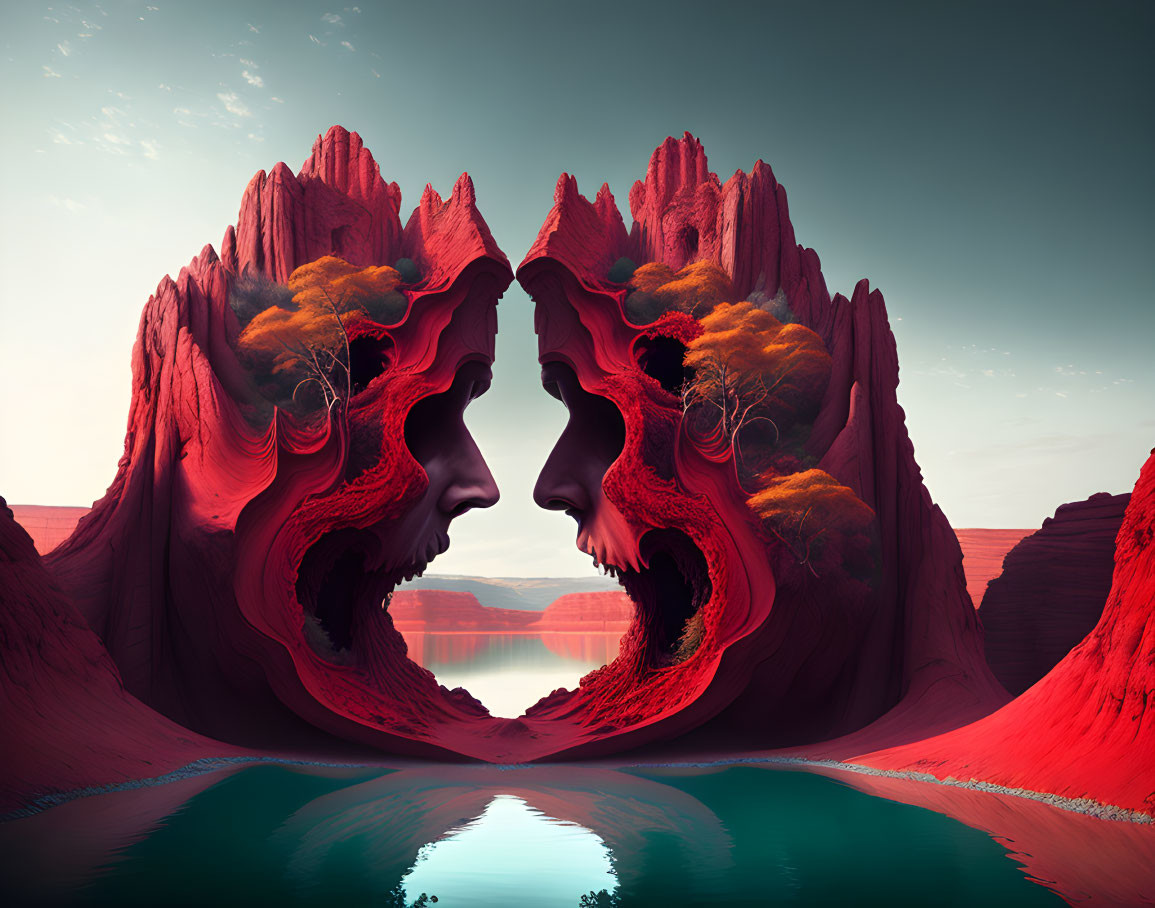 Mirrored mountain formations resembling human profiles in surreal landscape