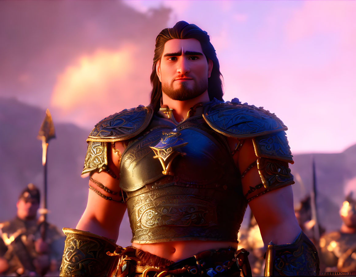 Male warrior in armor with long hair in 3D animation against fiery sunset