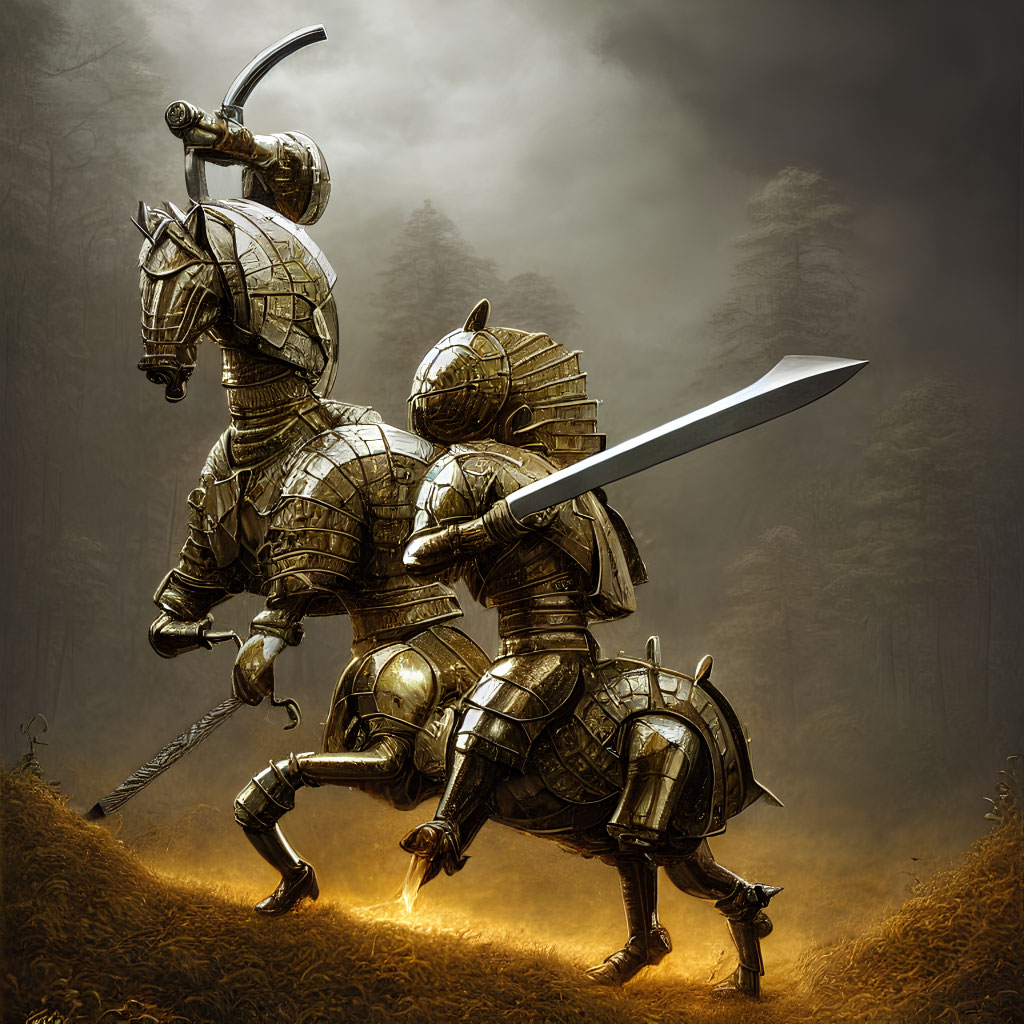 Knight on Horseback in Matching Plate Armor with Long Sword in Misty Forest