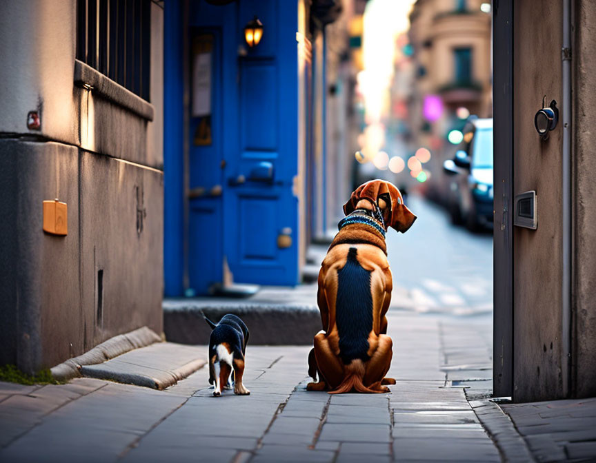 Two dogs on city street with larger dog in focus, colorful blurred background