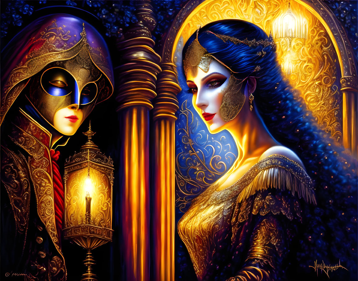 Elaborate fantasy-style costumes and masks in glowing setting