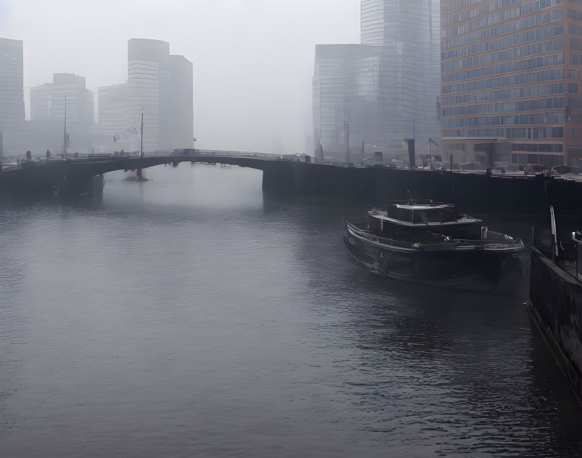 Misty cityscape with river, bridge, boats, and modern buildings in foggy setting