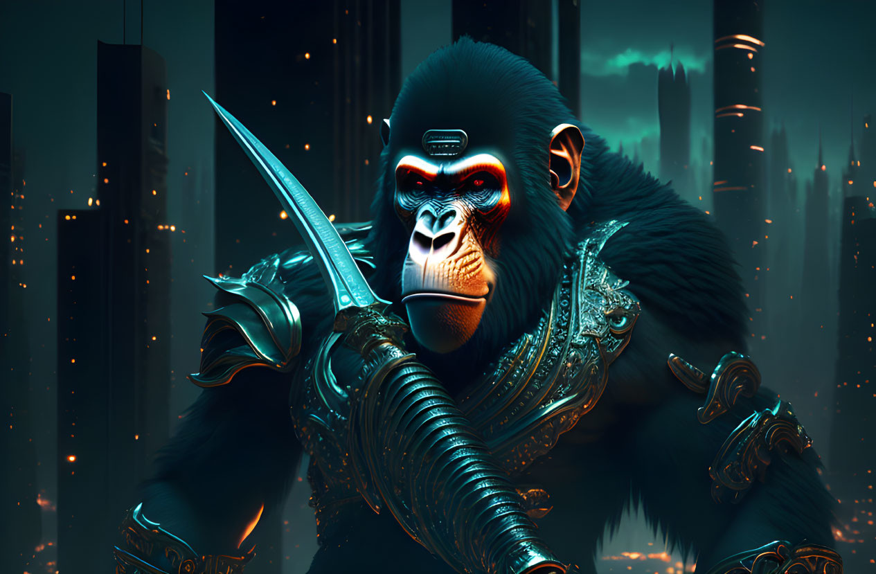 Futuristic warrior gorilla in armor with glowing eyes on neon cityscape.