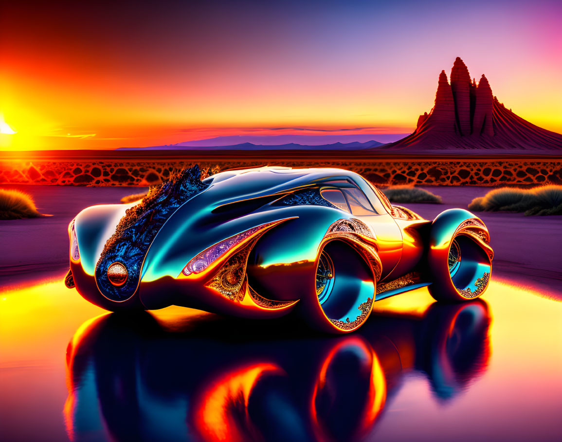 Futuristic car with glowing patterns and sleek design at sunset near water and surreal mountains.