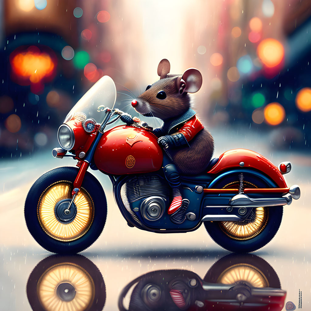 Animated Mouse in Red Jacket Rides Vintage Motorcycle