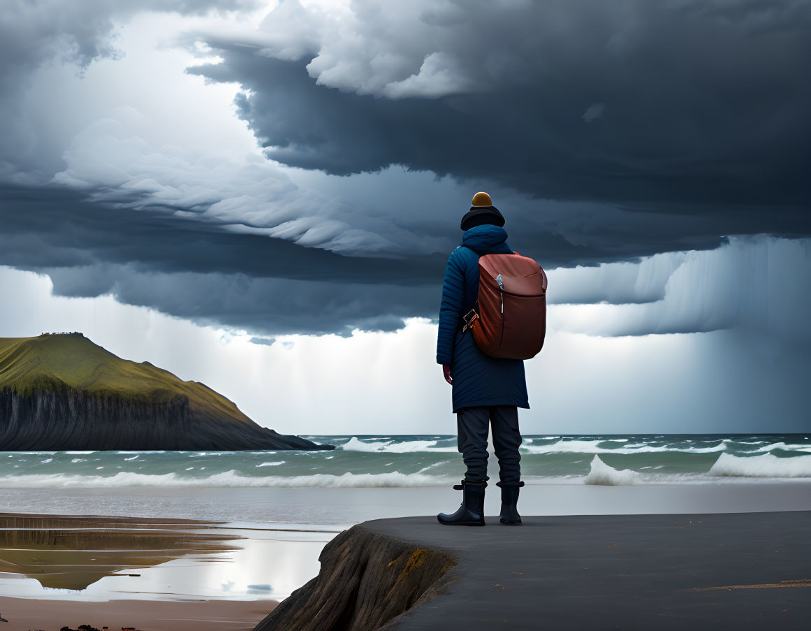 Person in Blue Coat and Beanie Observing Stormy Seascape