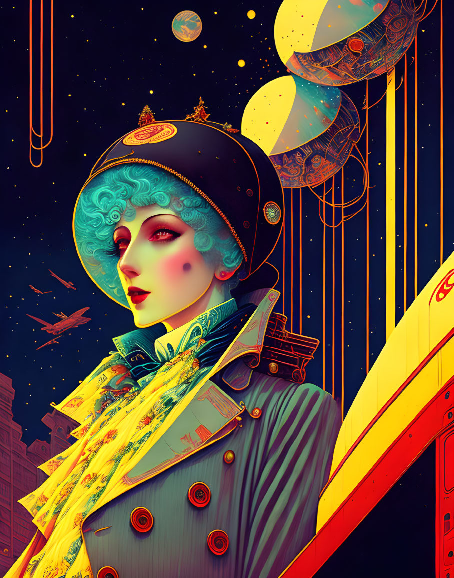 Illustration of woman in vintage outfit with helmet, surrounded by floating cities and airships against starry