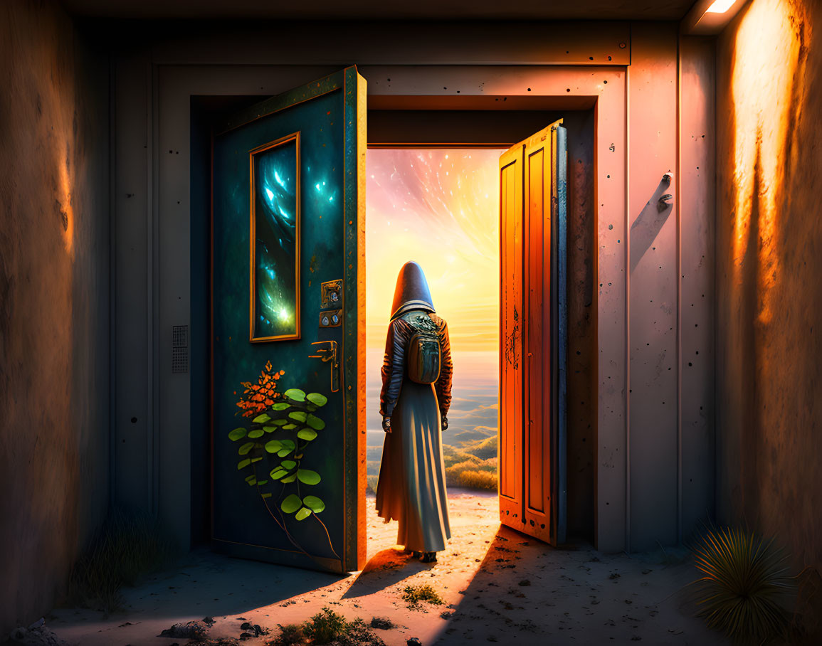 Person Contemplates Open Doors to Cosmic and Serene Worlds