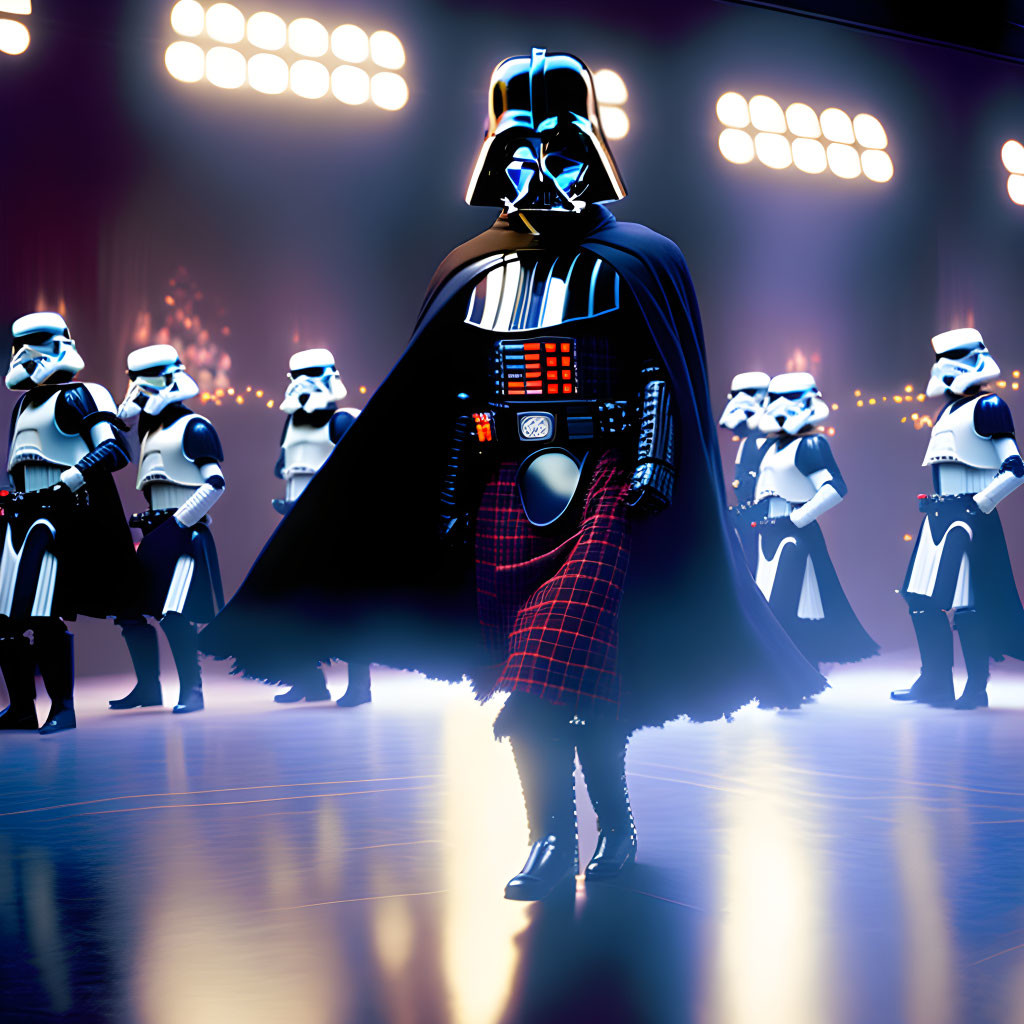 Character in Darth Vader costume with tartan kilt faces stormtroopers in dramatic lighting