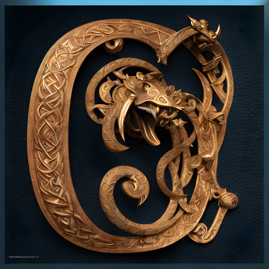 Intricate Celtic Dragon-themed Gold Letter D on Dark Background