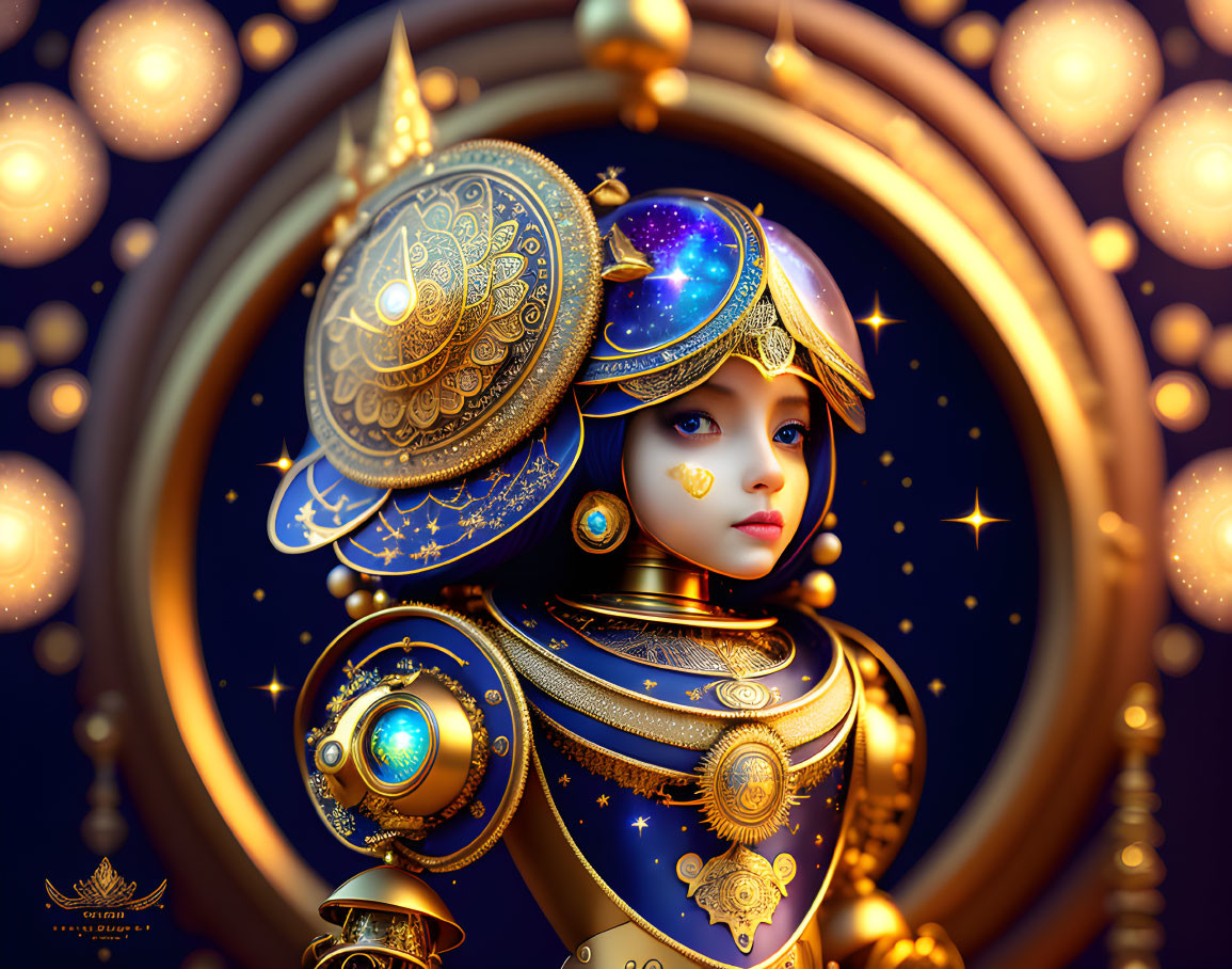 Stylized robotic figure with celestial theme and golden armor.