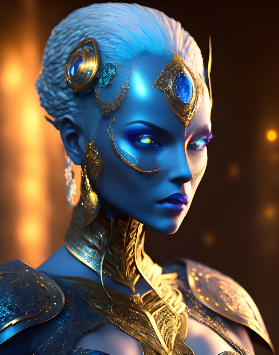 Blue-skinned woman with golden headpiece in digital art portrait