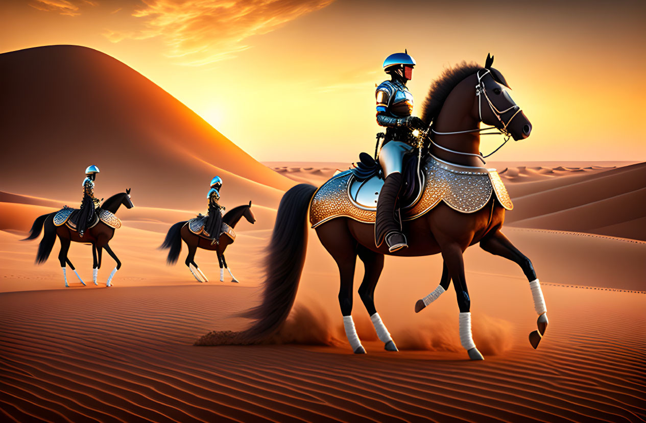 Ornately dressed riders on horses in desert sunset