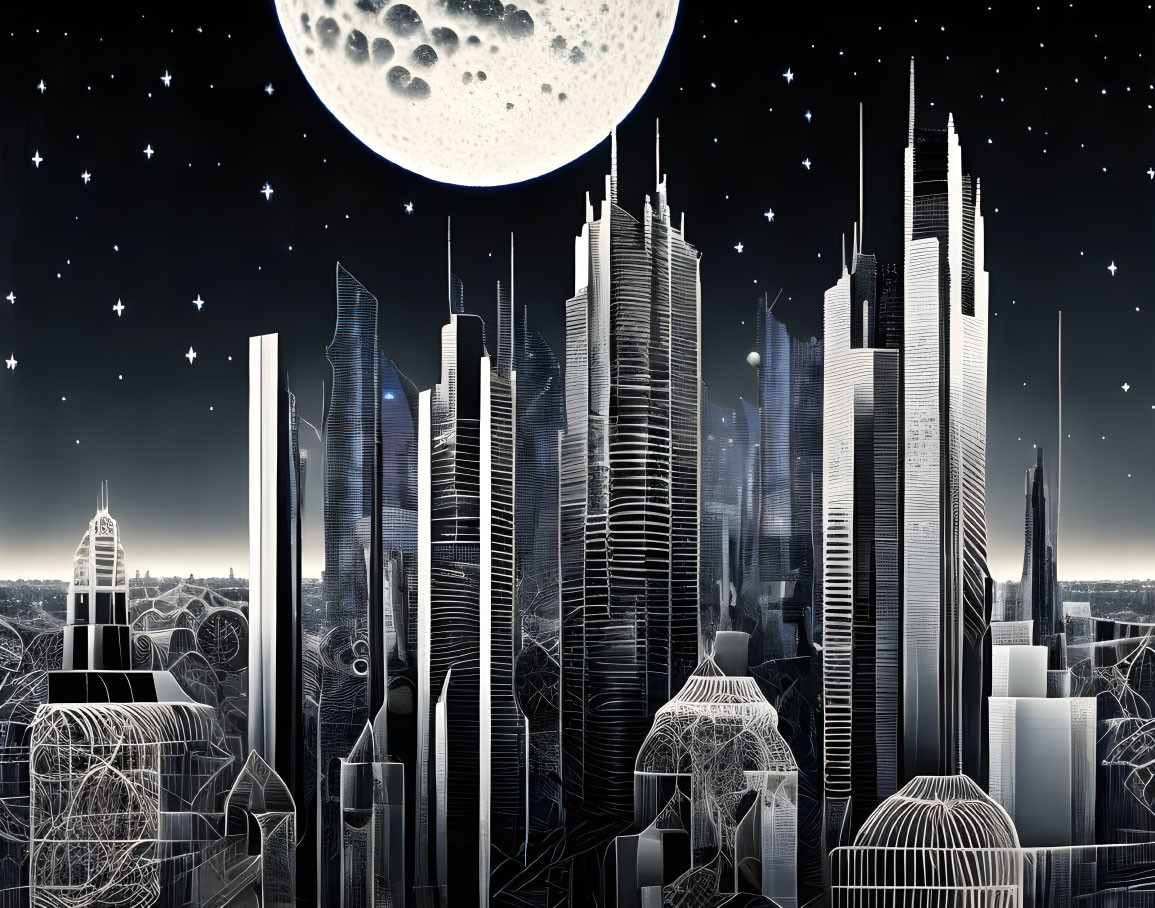 Monochrome futuristic cityscape with wireframe skyscrapers under starry sky