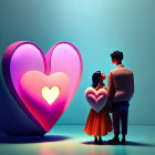 Couple admires glowing heart sculpture in pink and purple hues