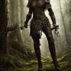 Warrior in Feathered Headdress with Chain Weapon in Misty Forest