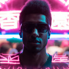 Cyberpunk-themed person with headpiece and glasses in neon lights