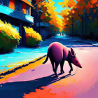 Vibrant kangaroo painting on autumn street under sunlight