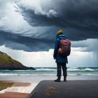 Person in Blue Coat and Beanie Observing Stormy Seascape