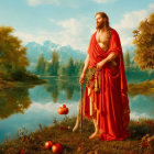 Tranquil lake scene with robed figure, mountains, and vibrant foliage