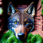 Realistic wolf illustration bursting through brick wall with intense yellow eyes and detailed fur textures.