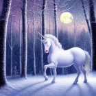 White unicorn with golden horn in snowy forest under full moon