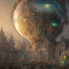 Intricate floating city in bubble above ancient townscape