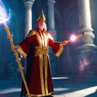 Regal figure in red and gold robe casting spell in grand hall