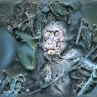 Digitally-rendered monkey in metallic armor among mystical forest branches