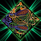 Golden Celtic Knot Design with Purple Gemstones on Green Starburst Background