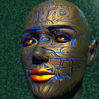 Detailed golden robotic face with red eyes on green background