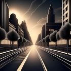 Futuristic cityscape with flying saucers, streamlined cars, and spherical trees at dusk