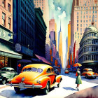 Vintage Urban Scene with Classic Cars and Art Deco Buildings