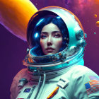 Detailed astronaut in reflective space suit against vibrant cosmic background