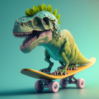 3D dinosaur with stegosaurus helmet skateboarding in city street at dusk