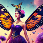 Woman with butterfly wings and butterflies in purple dress under dreamy sky