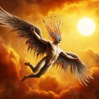 Mythological figure with large wings flying towards the sun in cloudy orange sky