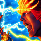 Illustration of person with fiery orange hair and energy against blue lightning background