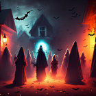 Mysterious Halloween scene with cloaked figures, portal, bats, haunted house