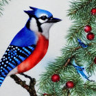 Detailed illustration of blue jay on pine branch with red berries