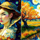 Digital artwork: Woman with sunlit face and hat beside swirling landscape, tree, and stars