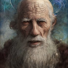 Elderly man with long white beard and mystical blue orbs