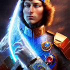 Futuristic digital art: person in ornate armor with blue energy field and realistic bird