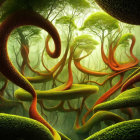 Twisted, Moss-Covered Trees in Lush Green Forest