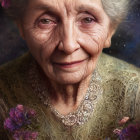 Elderly woman with gentle smile and floral adorned garment