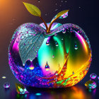 Multicolored glass-like apple with water droplets and leaves on dark background