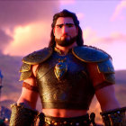 Male warrior in armor with long hair in 3D animation against fiery sunset