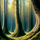 Dense forest with sunlight filtering through tall trees